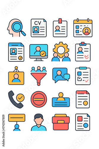Recruitment and hiring Head hunting icon, CV file, resume tag, interview calendar, job offer, candidate profile, selection process, skills matching,