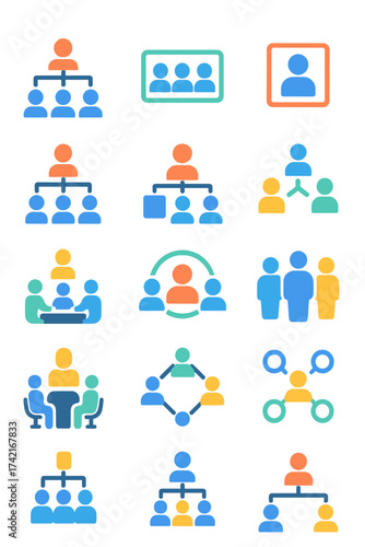 Workforce organization Org chart, department icon, role box, supervisor icon, reporting line, hierarchy tree, team unit, management board,