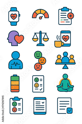 Workplace well-being Health tracker, stress meter, mood icon, wellness plan, mental health support, balance scale, break time icon, wellness app,