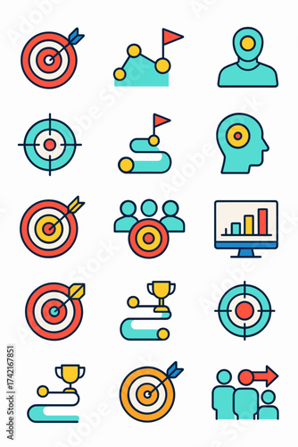 Goal setting and tracking Target board, goal line, aim flag, vision marker, personal objective, crosshair icon, milestone icon, focus icon, success