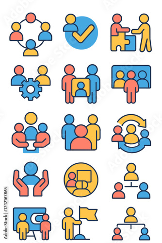 Team collaboration and roles Team circle, shared task, puzzle match, handover icon, collaboration gear, role assignment, project members, task