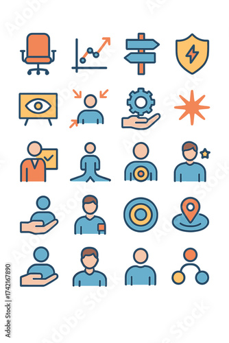 Leadership and influence Leadership chair, influence graph, direction arrow, power badge, vision board, leader icon, responsibility gear,
