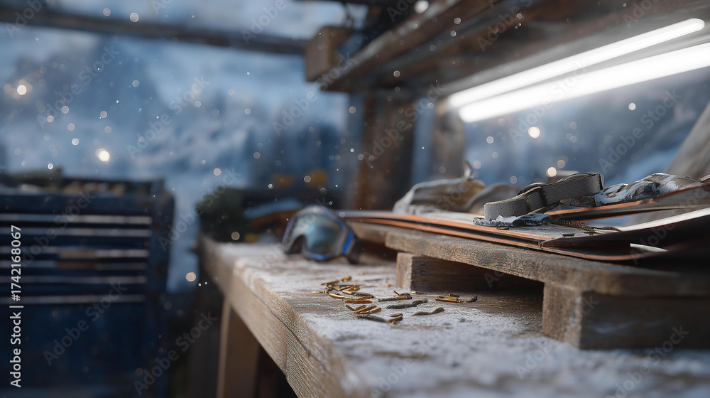Obraz premium In a cluttered garage, skis and goggles rest on a wooden rack, the skis' bases waxed and smooth, their bindings rusted at the screws, and the goggles' frame cracked from impact, strap elastic