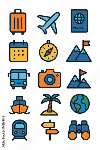 Travel Goals suitcase, airplane, passport, map, calendar, compass, camera, mountain, flag, bus, boat, palm tree, globe, train, road sign, binoculars.