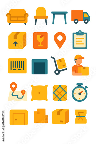 Furniture Delivery sofa, chair, table, truck, box, fragile sticker, location pin, clipboard, barcode, warehouse door, hand cart, delivery man, route