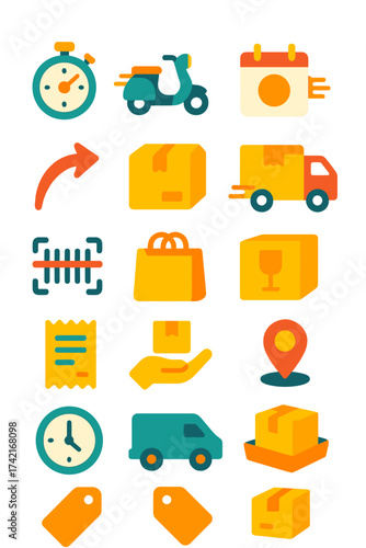 Same-Day Delivery stopwatch, delivery scooter, calendar, express truck, route arrow, package box, open bag, fragile icon, barcode scan, paper slip,