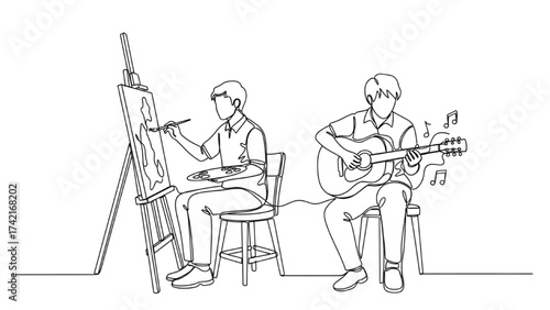 Continuous Line Drawing of Students Painting and Playing Instruments – Creative Arts Education Line Art Illustration