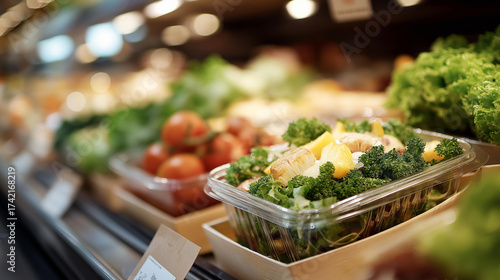 Organic food on empty grocery shelves, highlighting healthy eating and food choice in a retail supermarket. Plastic container on floor, paper price tag dangles, muzak hums. three-quarter wide