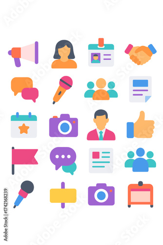 Public Relations megaphone, ambassador person, press badge, handshake, speech bubble, microphone, group of people, document, event calendar, camera,