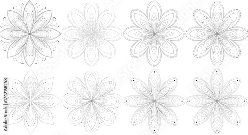 A collection of eight delicate floral snowflake designs rendered in black and white with a minimalist aesthetic.