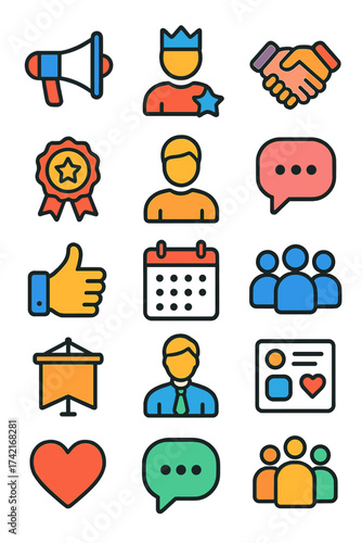 Advertising Icons megaphone, ambassador person, handshake, speech bubble, star badge, influencer person, calendar, audience, thumbs up, banner,