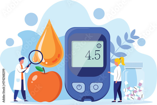 Vector art of diabetes testing with glucometer, apple, and doctor