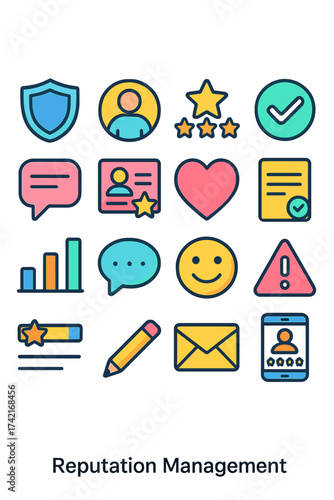 Reputation Management shield icon, user profile, star rating, verified badge, comment bubble, testimonial card, like heart, feedback form, bar chart,
