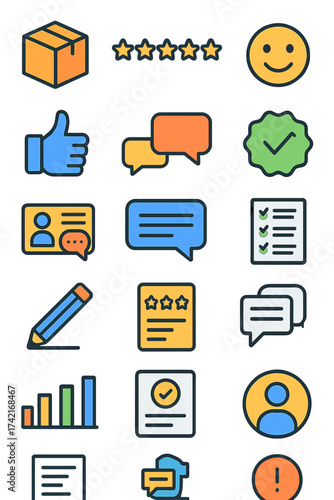 Product Reviews package icon, star rating, speech bubble, satisfaction face, thumbs up, thumbs down, comment box, verified badge, testimonial card,