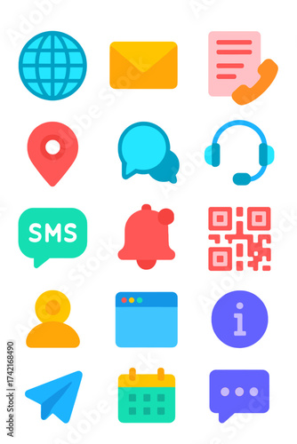 Website Contact website icon, email envelope, contact form, phone icon, location pin, live chat, headset, QR code, text message, speech bubble,