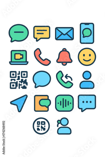 Messaging Apps chat bubble, text message, email icon, smartphone, video call, phone handset, notification bell, emoji face, QR code, speech bubble,