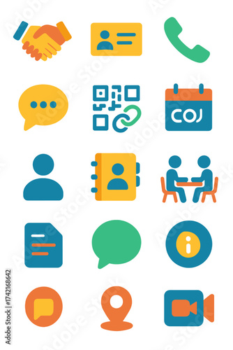 Networking Icons handshake icon, business card, phone icon, email envelope, chat bubble, QR code, website link, calendar, user profile, address book,