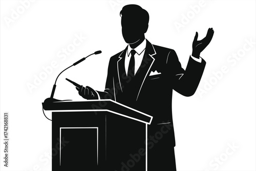 Silhouette of professor giving lecture at podium, academic speaker presenting with microphone, university teacher, public speaking, education seminar, conference, black and white vector illustration