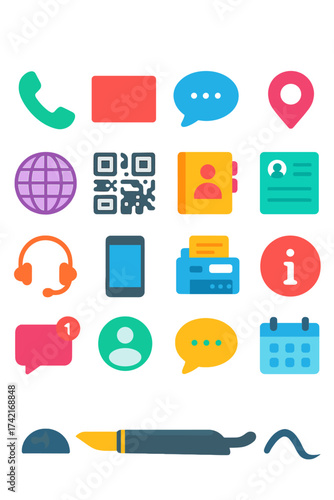 Contact Methods phone handset, email envelope, chat bubble, location pin, website icon, QR code, address book, contact form, headset, smartphone, fax