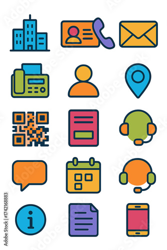 Corporate Contact office building, business card, phone handset, email icon, fax machine, user profile, contact form, address pin, QR code, website