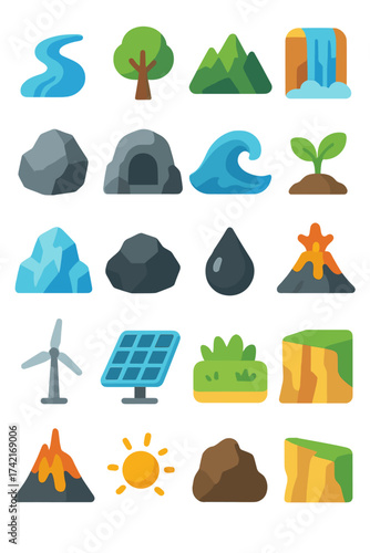 Natural Resources river, tree, mountain, waterfall, rock, cave, ocean wave, plant sprout, glacier, coal, oil drop, volcano, windmill, solar panel,