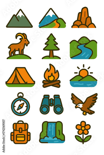 Mountain Nature mountain peak, snowcap, hiking trail, rock formation, goat, alpine tree, river, sunrise, tent, campfire, binoculars, eagle, compass,
