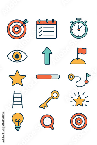 Goal Setting target board, dart hitting center, calendar, checklist, stopwatch, focus eye, upward arrow, progress bar, milestone flag, vision icon,