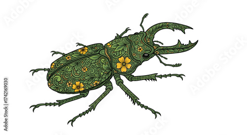A detailed illustration of a green beetle with large mandibles and textured wings.