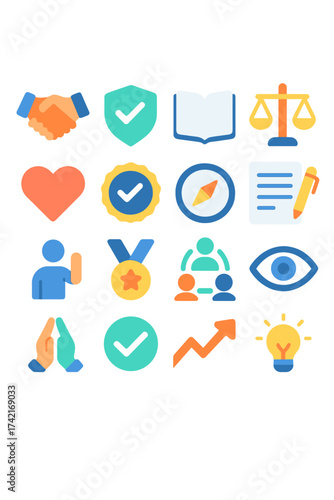 Integrity and Values handshake, shield icon, open book, scale of justice, heart icon, trust badge, ethical compass, agreement document, honesty icon,