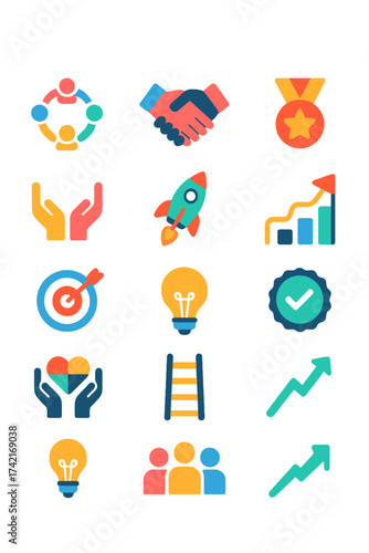 Teamwork and Values teamwork circle, handshake trust, star medal, ethical shield, respect hands, mission icon, bar chart, milestone flag, path arrow,
