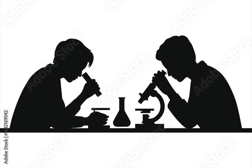 Silhouette of students conducting science experiment in laboratory using microscope and test tubes, STEM education research concept, biology chemistry class vector illustration isolated on white bg