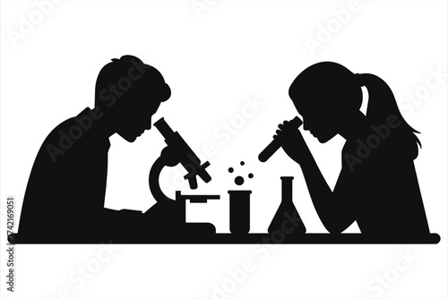 Students in Science Lab Silhouette – Chemistry Experiment, Microscope & Test Tubes, Education Concept, School Laboratory, STEM Learning, Teen Scientists, Academic Research, Back-to-School..