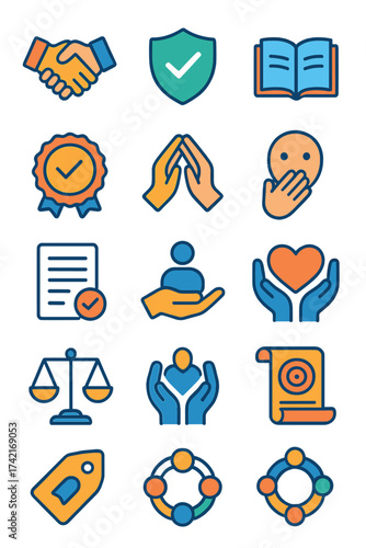 Integrity and Ethics handshake, shield with check, scale of justice, open book, trust badge, respect hands, honesty icon, ethical compass, verified