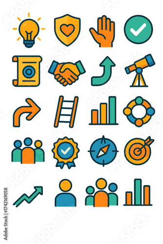 Innovation and Integrity idea bulb, ethical shield, respect hand, verified check, mission scroll, trust handshake, growth arrow, vision telescope,