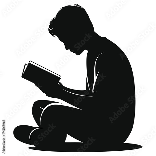 Student Sitting on Floor Studying Silhouette – Focused Learner with Book, Academic Dedication, Back-to-School Concept, Teen Study Session, Education Journey, Quiet Concentration, Campus Life, Home Lea