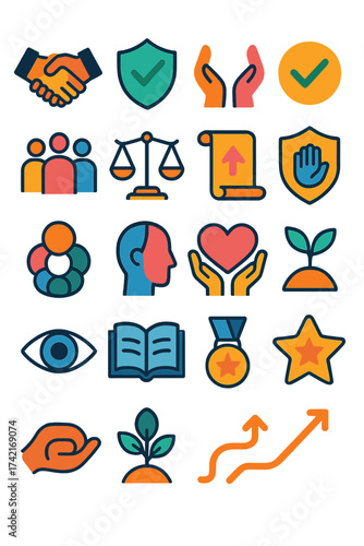 Core Values trust handshake, ethical shield, respect hands, verified check, teamwork group, fairness scale, mission scroll, responsibility badge,