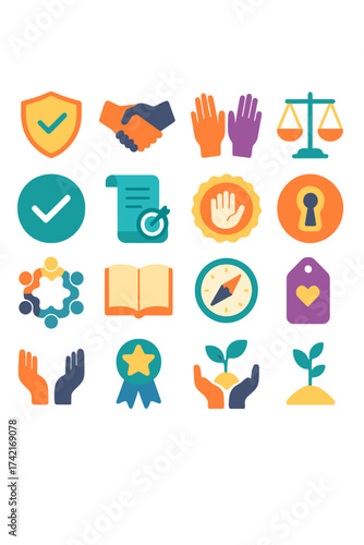 Ethics and Responsibility shield check, handshake, respect hands, fairness scale, verified icon, mission scroll, responsibility badge, honesty symbol