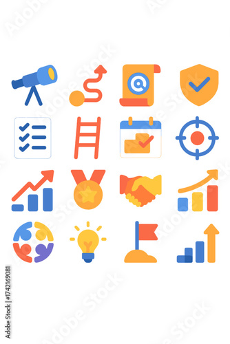 Mission and Purpose vision telescope, path arrow, mission scroll, ethical shield, checklist paper, ladder climb, calendar plan, focus target, growth
