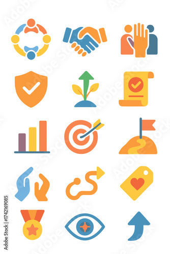 Teamwork Values teamwork circle, handshake trust, respect hands, diversity icon, ethical shield, growth arrow, mission scroll, milestone flag, bar