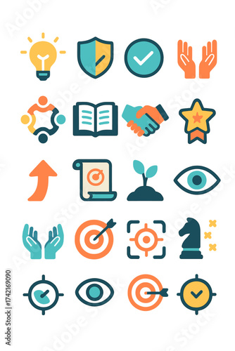 Innovation and Integrity idea bulb, ethical shield, verified check, respect hands, diversity circle, open book, handshake trust, star medal, upward
