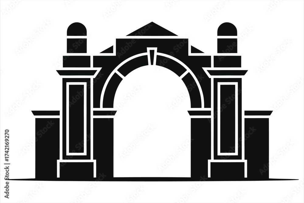 Fototapeta premium University Campus Gate Archway with Twin Towers and Domes Silhouette, Academic Entrance Symbol, Collegiate Gateway Vector Illustration
