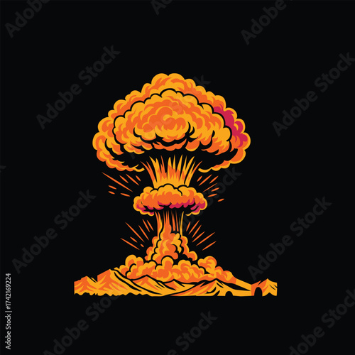 Atomic bomb explosion with dust and gas clouds and energy release trail vector illustration design