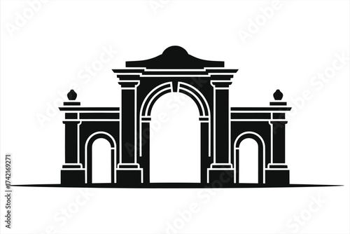 University Campus Gate Archway Silhouette, Historic Academic Entrance Landmark, Vector Illustration for Higher Education Institutions and College Campuses