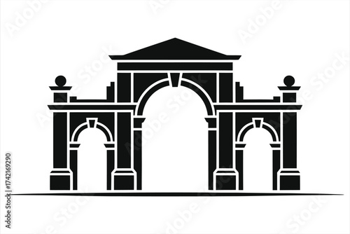 University Campus Gate Archway Silhouette, Academic Entrance Symbol, Collegiate Gateway Vector Illustration, Educational Institution Architecture Icon
