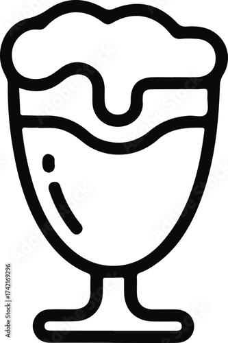 Dessert glass outline with whipped topping icon, Black line art of a dessert or drink glass with creamy topping, representing ice cream, sundae, or festive beverage in minimalist style.

