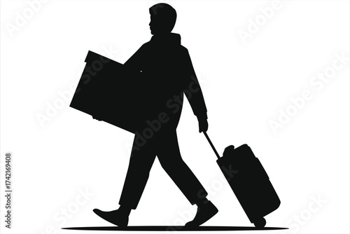 Silhouette of Student with Box & Luggage – Dorm Move-In, College/University Relocation, Moving In Day, Freshman Campus Housing, Student Life, University Move, Dormitory Arrival, Student Carrying Box 