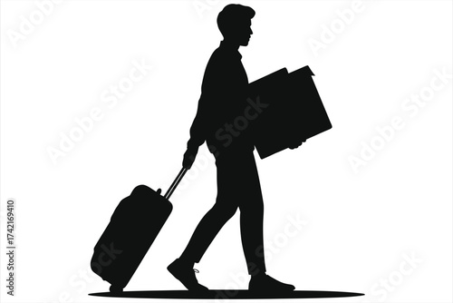 College Dorm Move-In Silhouette: University Student Carrying Moving Box + Rolling Luggage, Back-to-School Freshman Campus Housing Relocation, Black & White Vector Illustration for School Transition
