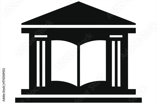 Library Building Silhouette Icon with Open Book, Classical Columns and Pediment, Education and University Logo, Knowledge Center Emblem, Academic Institution