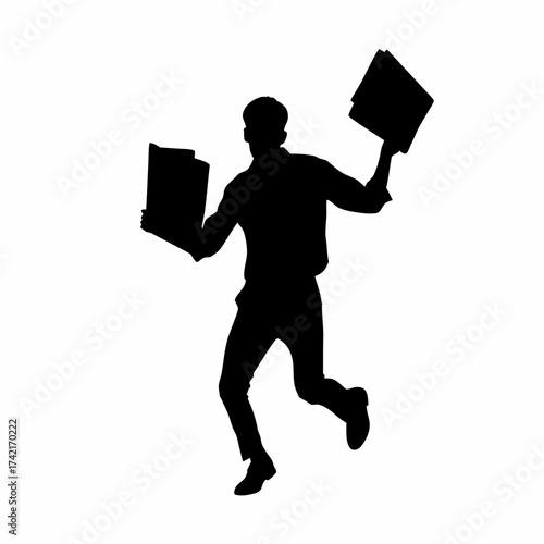 Silhouette of a busy employee rushing with documents isolated on white background
