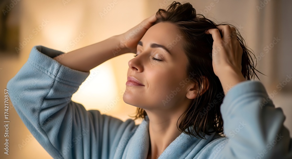 Fototapeta premium Relaxed woman massaging her scalp with closed eyes wearing bathrobe at home enjoying self care, wellness and hair care treatment concept